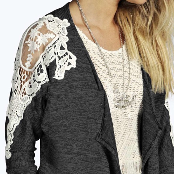 Crochet Lace Cold Shoulder Burnout Knit Cardigan - Picture 2 of 6